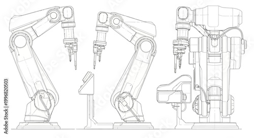 Detailed blueprint-style illustration of robotic arms showcases the technical design and engineering of advanced automation equipment against a clean white backdrop with precise linework
