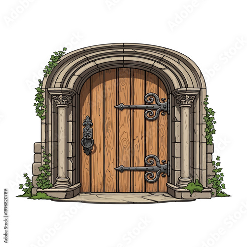 Medieval stone archway with wooden door