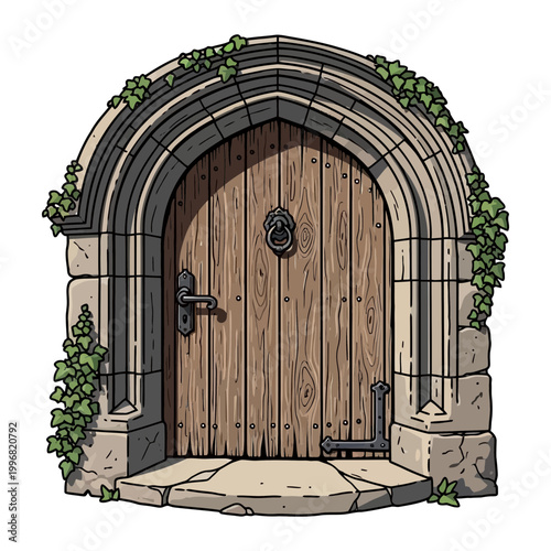 Gothic style stone arch with wooden door