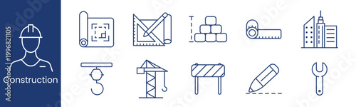 Construction set icon. Collection with worker helmet, blueprint scroll, ruler triangle, brick stack, tape measure, skyscraper, hook, tower crane, barrier fence, pencil, wrench.