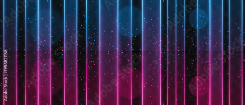 Blue red vertical light curtain composition. Bright glowing columns, cool blue upper tones blending into pink lower glow, scattered spark particles, bokeh circles, dark backdrop, luminous gradient