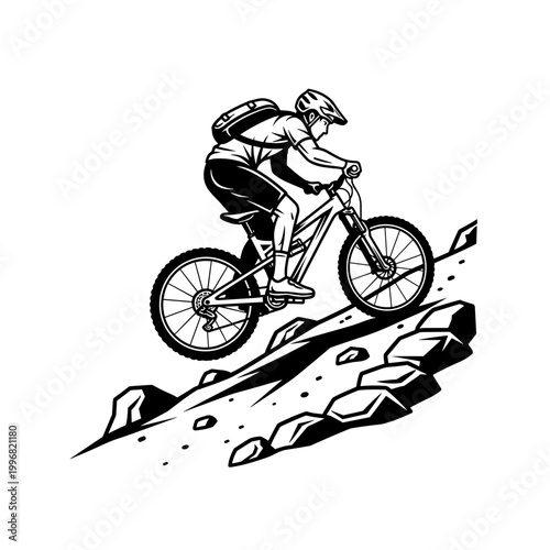 Mountain biker riding downhill on rocky terrain.