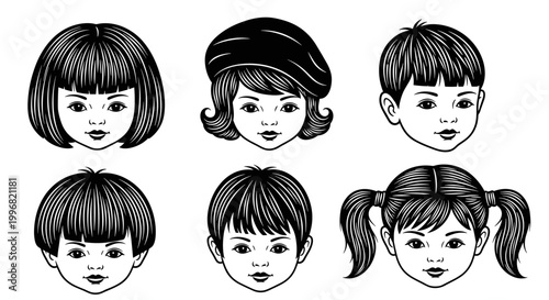 Collection of Diverse Childrens Faces with Various Hairstyles.