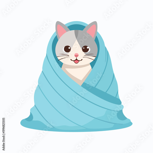 Cute cartoon cat wrapped in a blue blanket