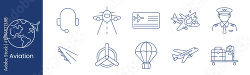 Aviation set icon. Collection with headset, airplane front view, boarding pass, aircraft crash, pilot uniform, jet wing, propeller engine, parachute, flying plane, luggage trolley.