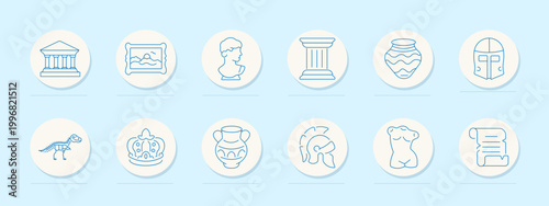 Museum artifacts set icon. Linear pack with courthouse facade, framed artwork, bust statue, column base, ceramic vase, folding screen, dinosaur skeleton, royal crown, tribal mask, broken sculpture