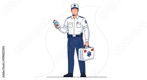An emergency medical technician in uniform stands holding a portable defibrillator and a medical kit against a white background, rendered in a flat, minimalist style with a focus on clarity