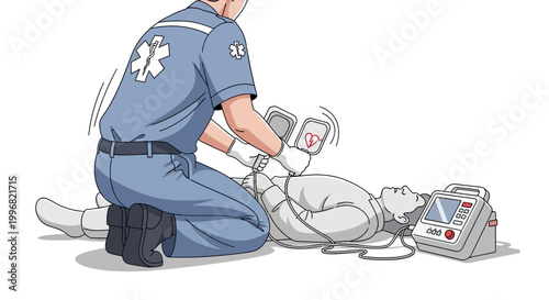 Illustrated scene of an emergency medical technician using a defibrillator on a patient lying on the ground, depicted from a high angle with clean lines and a bright, clinical aesthetic