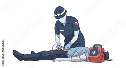 An illustration depicts a paramedic in a navy uniform using a defibrillator on a patient lying on the ground, showing a critical medical intervention with a clean, bright background