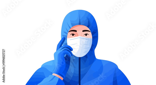 Close-up of a person wearing full PPE with a medical face mask and blue gloves, set against a clean white background with flat, even lighting and conveying a sense of protection and caution