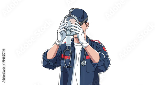 Illustration of a paramedic adjusting an oxygen mask with gloved hands against a clean white background, wearing a navy uniform and stethoscope, created with flat, vector style and a cool