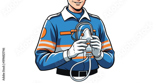Waist-up portrait of a medical worker in a blue uniform holding an oxygen mask against a clean white background, rendered with bold cartoon-like linework and conveying a sense of readiness