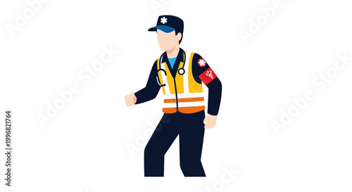 Full-body vector illustration depicting a faceless press worker in a yellow vest with a red armband walking against a plain white backdrop, rendered in a flat design style with a minimalist