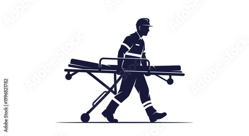 Silhouette illustration of a paramedic walking with a gurney in a side profile view, designed with a flat, minimalist style and a monochromatic blue color scheme against a clean, isolated