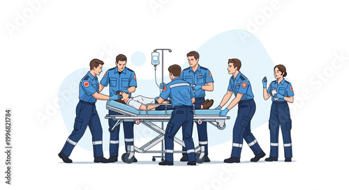 Illustration depicting a team of paramedics attending to a patient lying on a gurney with IV drip, presented in a clean, flat style with soft color palette against a stark white background