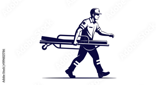 Stylized vector graphic of an emergency medical technician walking while carrying a folded blue stretcher, depicted in a side view against a clean white background, conveying a sense