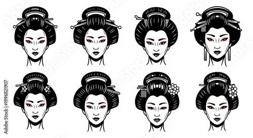 Collection of Eight Traditional Japanese Geisha Hairstyles and Faces.