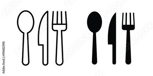 Knife, fork and spoon icon vector symbol in black filled and stroke style