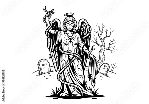 Angel holding a snake and a branch with a halo.