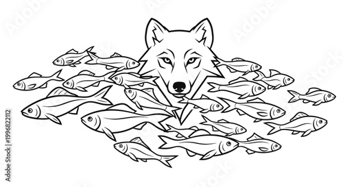 Black and white illustration of a wolf surrounded by a school of fish