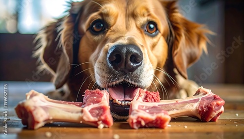 Close-up of a golden-haired dog intently focused on chewing two meaty bones on a wooden floor