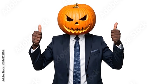 Businessman with pumpkin head giving thumbs up.