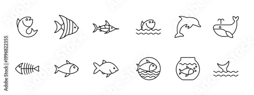 Marine life set icon. Fish, angelfish, marlin, ocean wave, dolphin, whale, skeleton, aquarium bowl, tail fin, underwater fauna, sea animals.