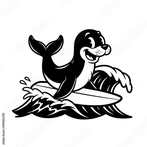 Cartoon Seal Surfing on a Wave.