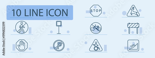 Road signs set icon. Outline traffic symbols, stop octagon, deer warning, pedestrian ban, parking prohibition, bicycle ban, barrier gate, wheelchair warning, percent slope.