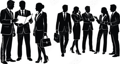 Business professionals silhouettes set with team discussion document review and corporate communication isolated vector collection