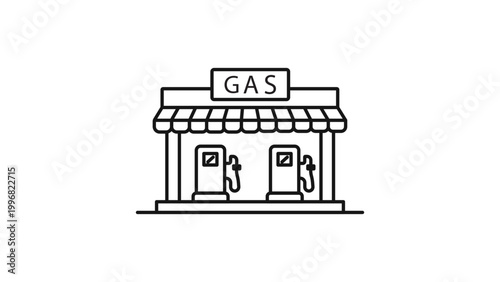 Minimalist Gas Station Vector Icon with Editable Stroke. Clean black line art illustration featuring two fuel pumps under a canopy with a GAS sign, ideal for transportation and travel UI design.