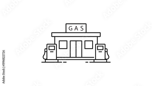 Gas station minimalist black line vector icon with editable stroke. Clean outline illustration of a petrol station with fuel pumps and convenience store building on white background.