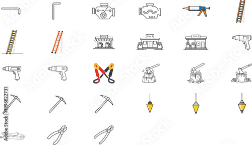 27 Minimalist Vector Icon Set of Tools and Hardware, Featuring Editable Stroke Line Art for Construction, Automotive, DIY, and Forestry. Includes Ladder, Engine, Pickaxe, Heat Gun, and Pliers.