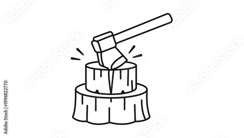 Minimalist Black Line Vector Icon of an Axe Splitting a Wooden Log, Hand-Drawn Style. Features Editable Stroke for Customizable Line Weight. Perfect for Forestry, Camping, Woodwork, and Outdoor