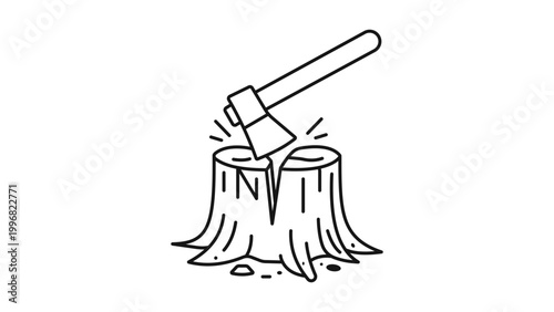 Minimalist Black Line Vector Icon of an Axe Splitting a Tree Stump on White Background. Hand-Drawn Illustration for Forestry and Woodworking with Editable Stroke and Adjustable Line Weight.