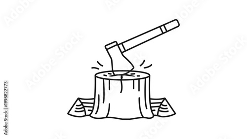 Minimalist Black Line Vector Icon of a Heavy Maul Axe Stuck in a Tree Stump for Splitting Wood, Hand-Drawn Outline Illustration with Editable Stroke for Lumberjack and Forestry Design Projects.
