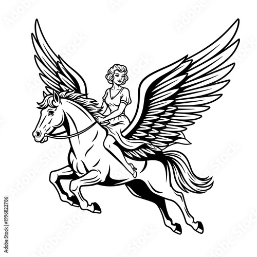 Vintage Woman Riding Majestic Pegasus Flying Through Sky.