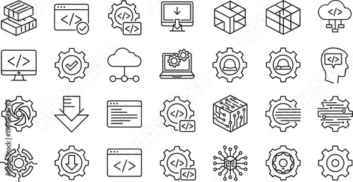 Software development coding technology line icons vector set programming cloud computing automation outline symbols collection