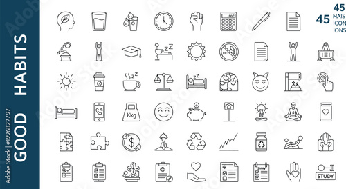 Good habits lifestyle productivity wellness line icons vector set health routine motivation outline symbols collection