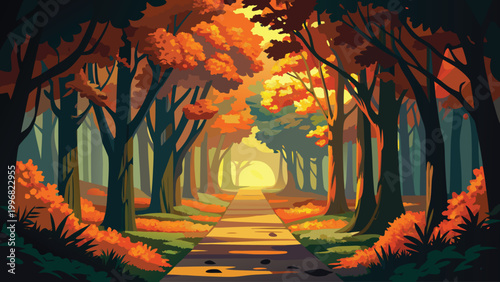 Beautiful autumn forest scenery with bright sunlight shining through colorful fall trees and leaves