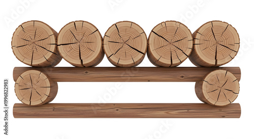 Rustic wooden log frame or border with stacked timber isolated on transparent background