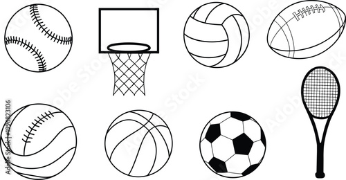 Hand drawn sports equipment icons set including basketball hoop soccer baseball volleyball tennis racket outline vector illustration isolated collection