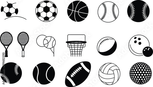 Black and white sports balls and equipment icons set including soccer basketball baseball tennis volleyball bowling vector illustration collection