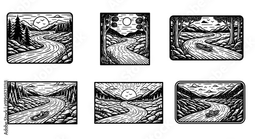 Woodcut Style River Journey Illustration.