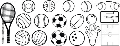 Hand drawn sports icons set including balls racket field glove equipment outline vector illustration isolated collection for web design