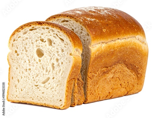 Close-up of a sliced loaf of bread against a plain background, showcasing its texture and internal structure. The golden crust is visible