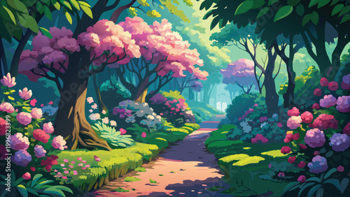 Beautiful colorful spring forest with blooming pink flowers and a path in a magical nature scenery