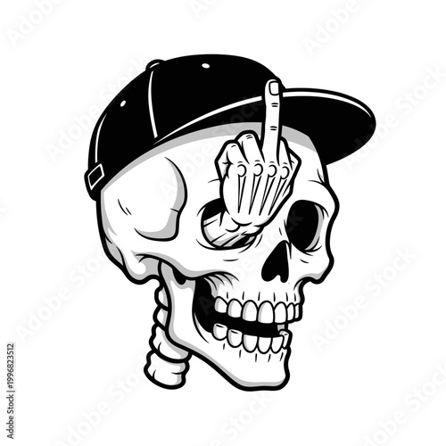 Skeleton wearing a baseball cap giving the middle finger.