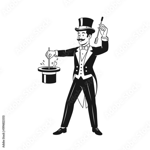 Vintage Magician Performing a Magic Trick with Top Hat.
