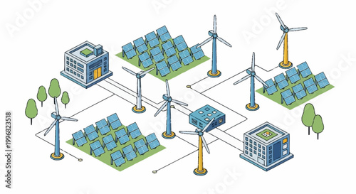 Renewable energy system with solar panels and wind turbines.